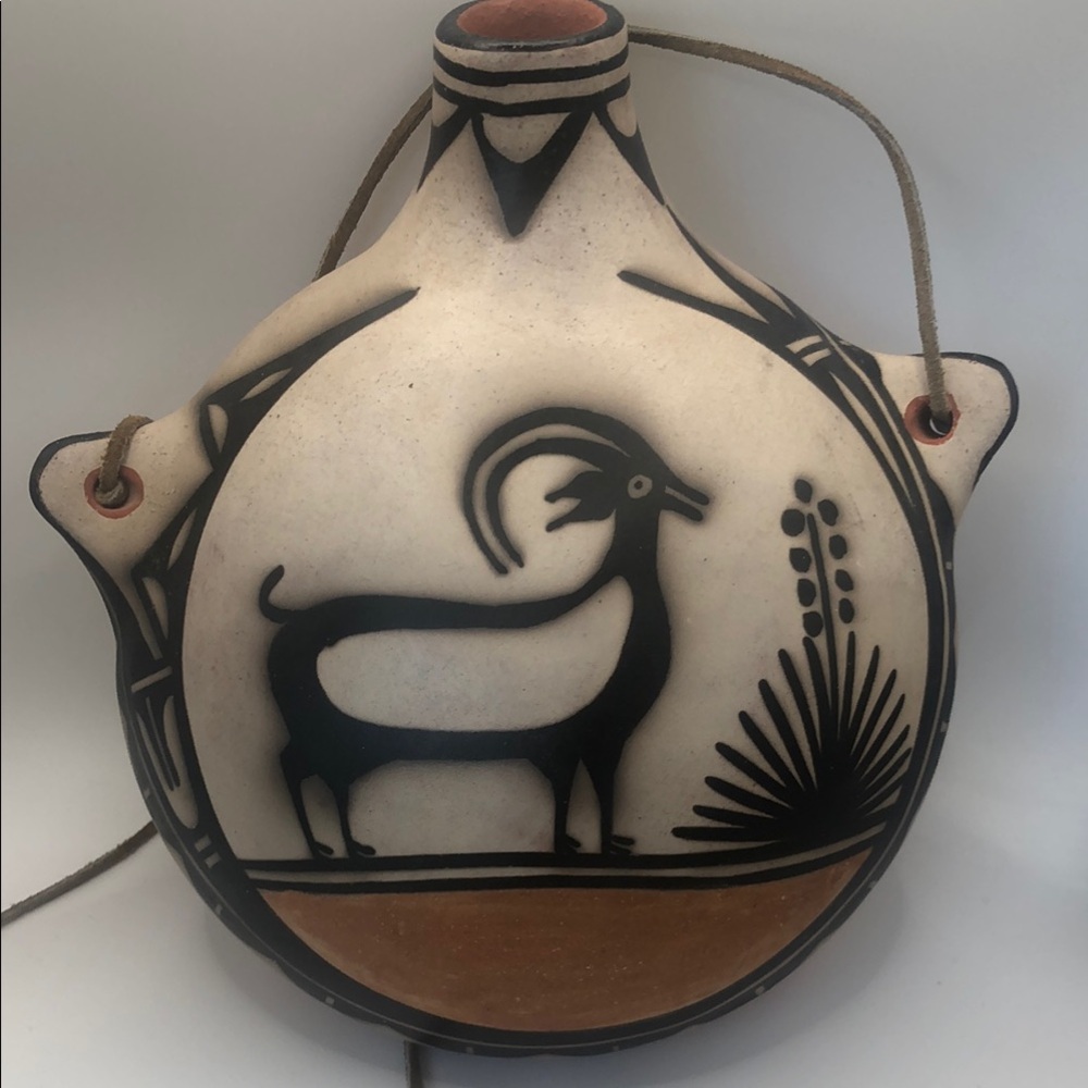 Hand-Painted Desert Goat Ceramic Flask - White & Black